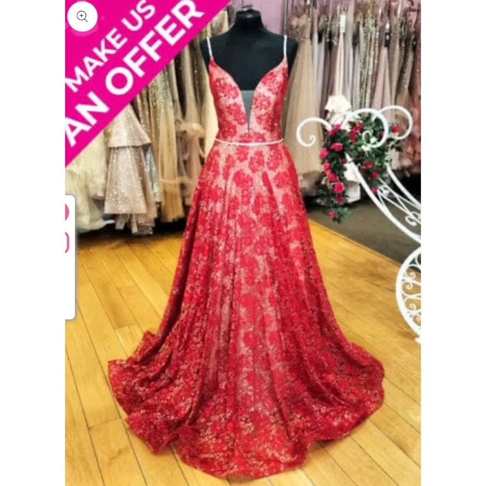 JVN03111 MAKE AN OFFER red and nude glitter lace evening prom pageant ballgown